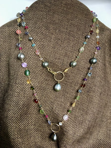 Multi gemstone & Tahitian pearl long necklace