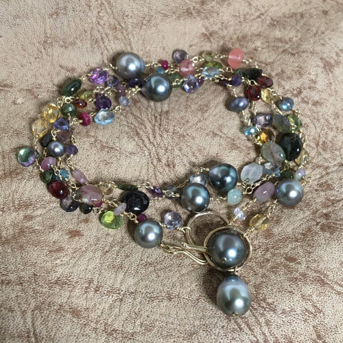 Multi gemstone & Tahitian pearl long necklace