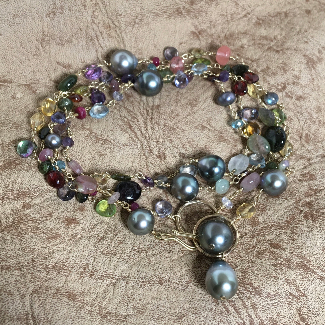 Multi gemstone & Tahitian pearl long necklace