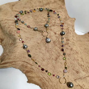 Multi gemstone & Tahitian pearl long necklace